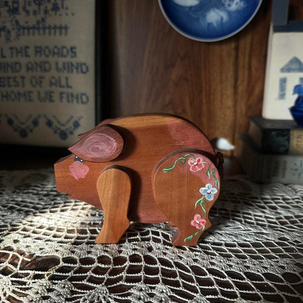 Vintage Wooden Handpainted Pig